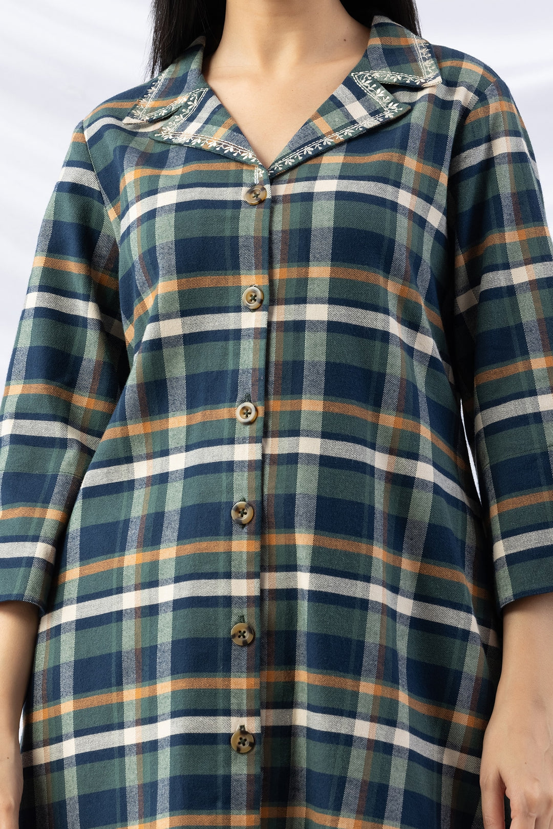 Navy Checked Cotton Twill Kurti with Lapel Collar &amp; 3/4 Sleeves