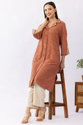Brown Checked Viscose Brushed Twill Kurti with Lapel Collar & 3/4 Sleeves