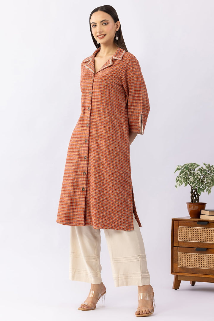 Brown Checked Viscose Brushed Twill Kurti with Lapel Collar &amp; 3/4 Sleeves