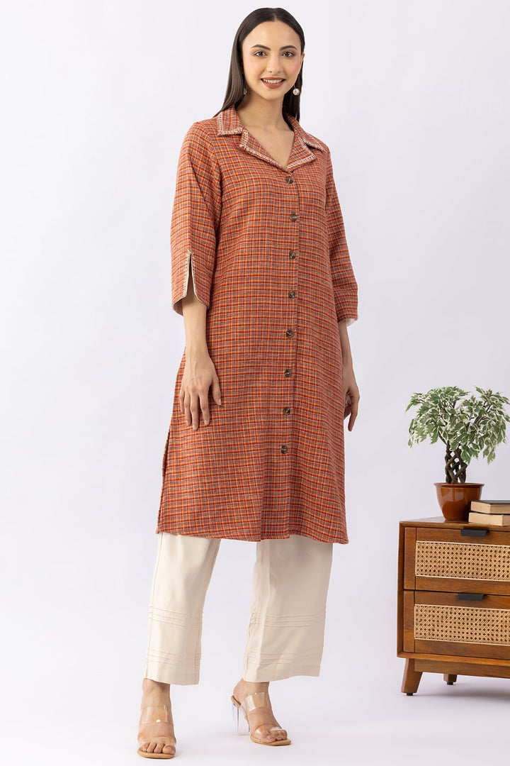 Brown Checked Viscose Brushed Twill Kurti with Lapel Collar &amp; 3/4 Sleeves