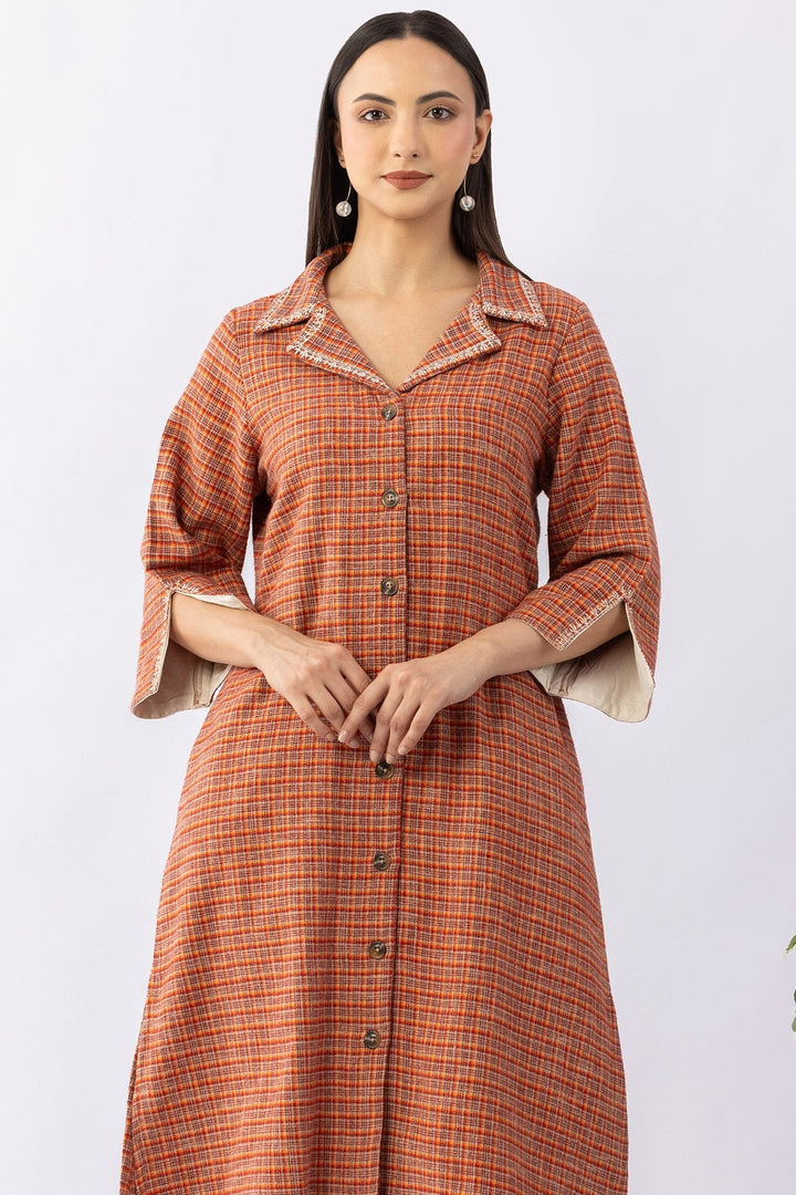 Brown Checked Viscose Brushed Twill Kurti with Lapel Collar &amp; 3/4 Sleeves