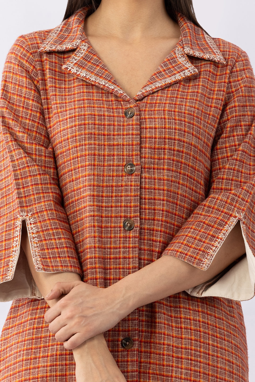 Brown Checked Viscose Brushed Twill Kurti with Lapel Collar &amp; 3/4 Sleeves