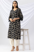 Black Printed Viscose Kurti with V-Neck & 3/4th Sleeves
