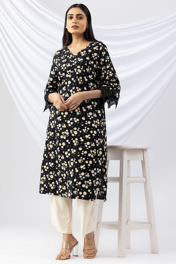 Black Printed Viscose Kurti with V-Neck &amp; 3/4th Sleeves