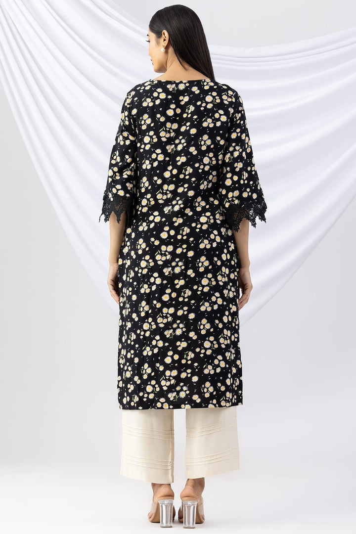 Black Printed Viscose Kurti with V-Neck &amp; 3/4th Sleeves