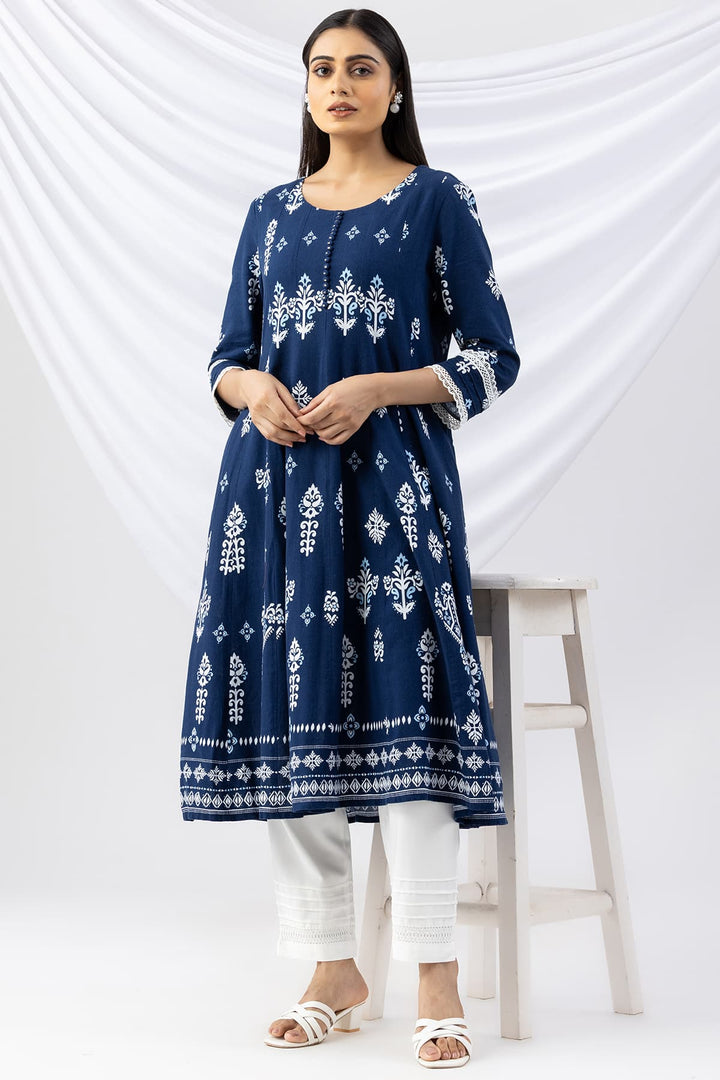 Navy Blue Kurti Crafted in Printed Viscose Linen with a Round Neck