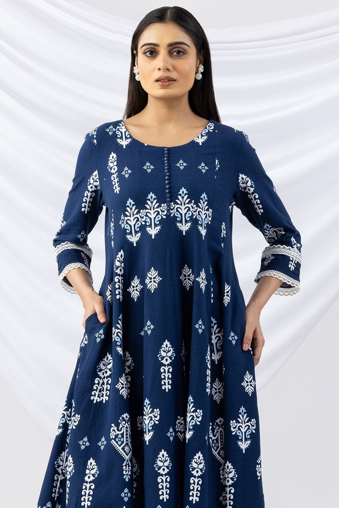 Navy Blue Kurti Crafted in Printed Viscose Linen with a Round Neck