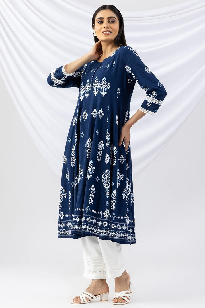 Navy Blue Kurti Crafted in Printed Viscose Linen with a Round Neck