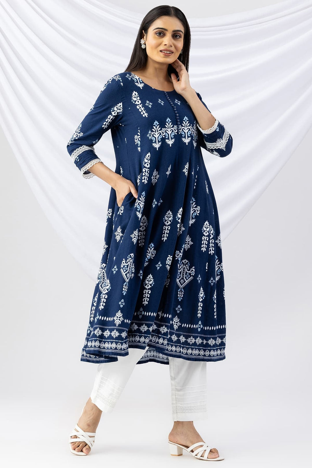 Navy Blue Kurti Crafted in Printed Viscose Linen with a Round Neck