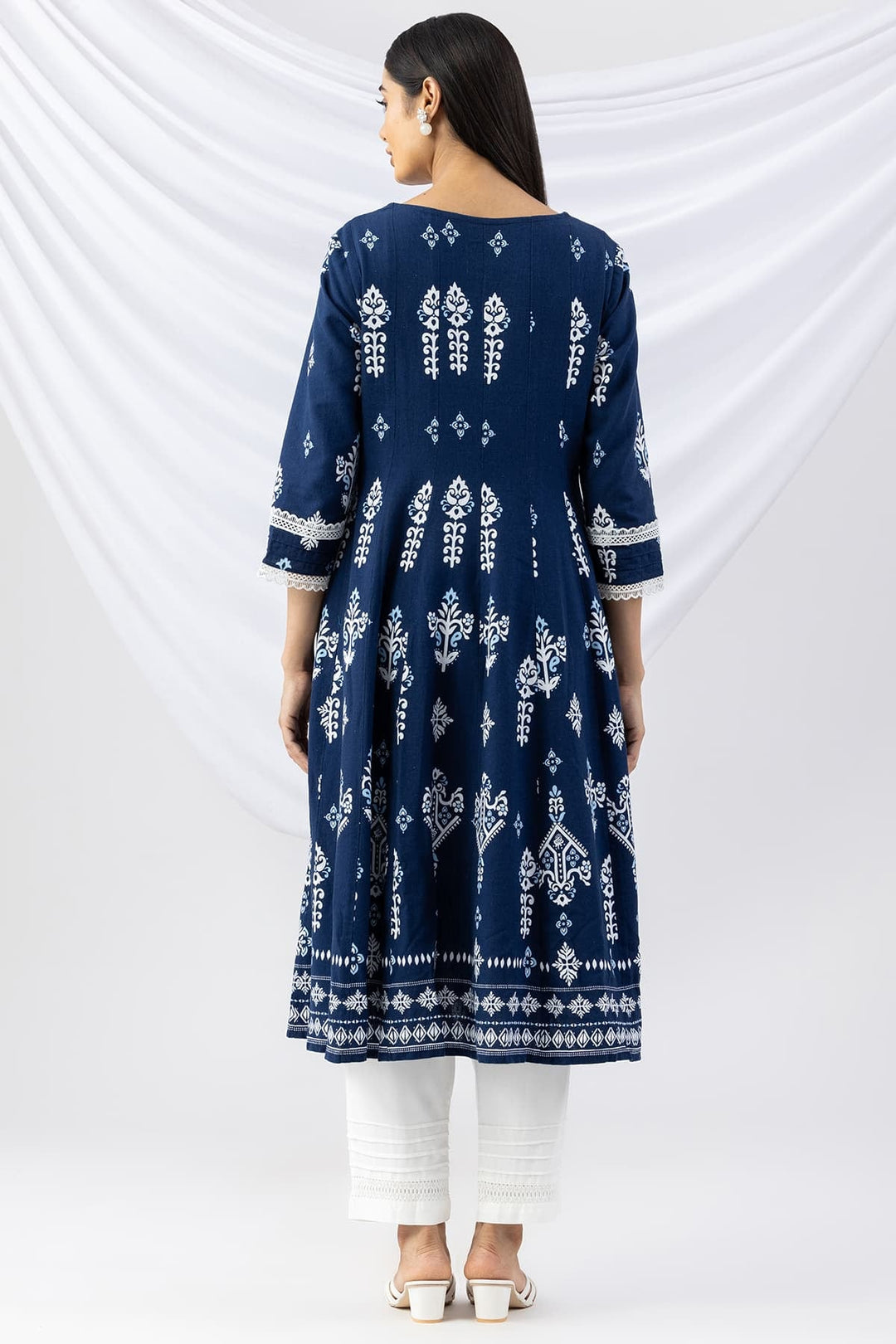 Navy Blue Kurti Crafted in Printed Viscose Linen with a Round Neck