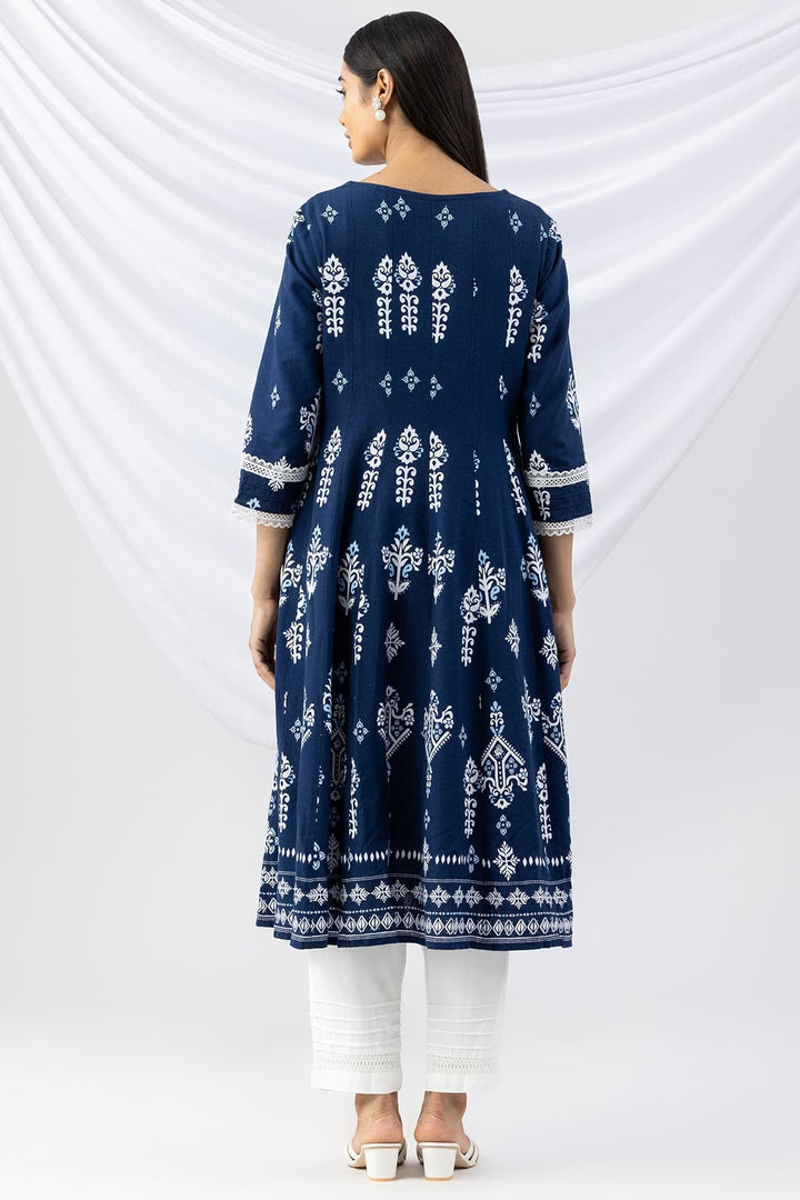 Navy Blue Kurti Crafted in Printed Viscose Linen with a Round Neck