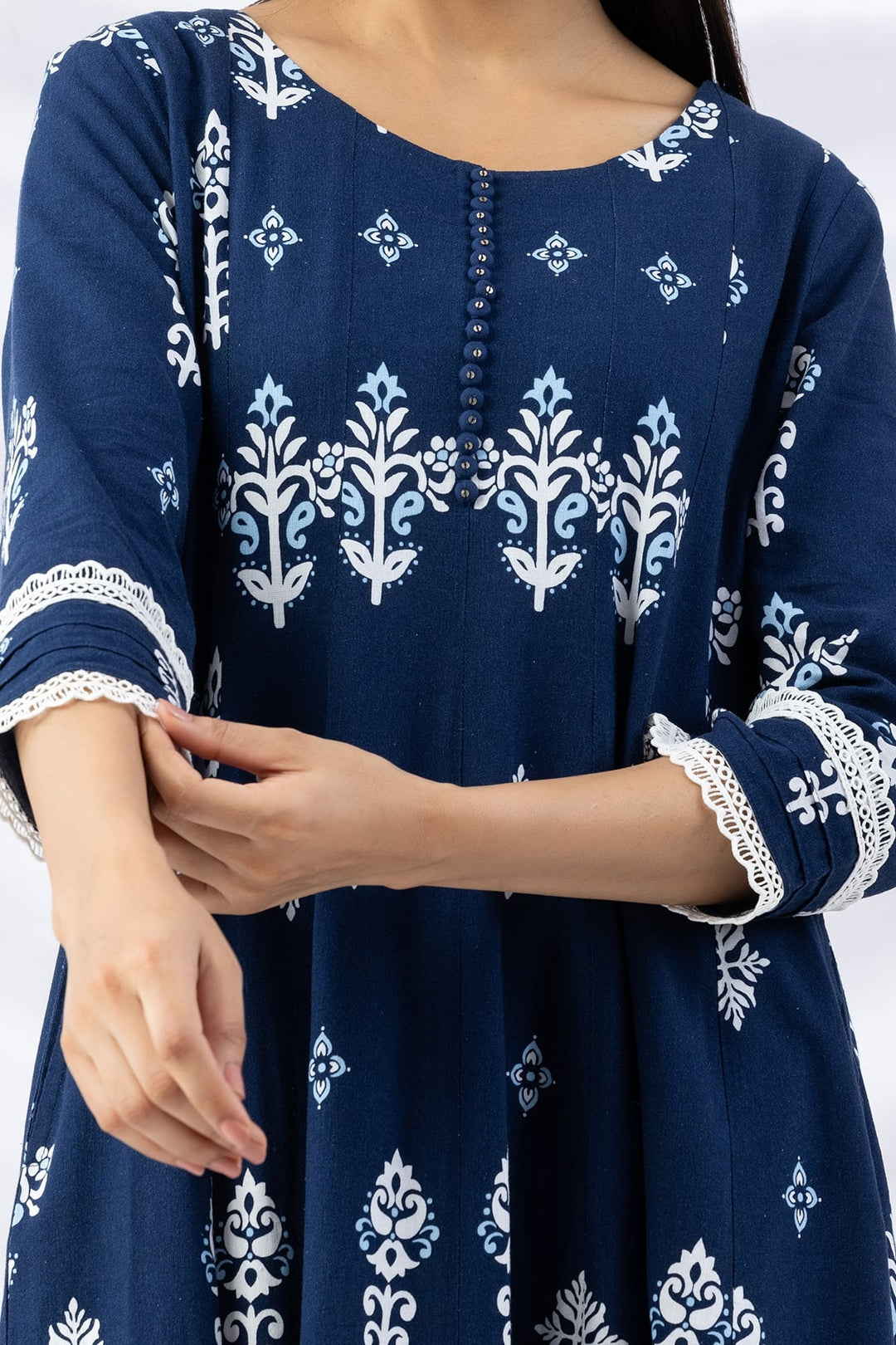 Navy Blue Kurti Crafted in Printed Viscose Linen with a Round Neck