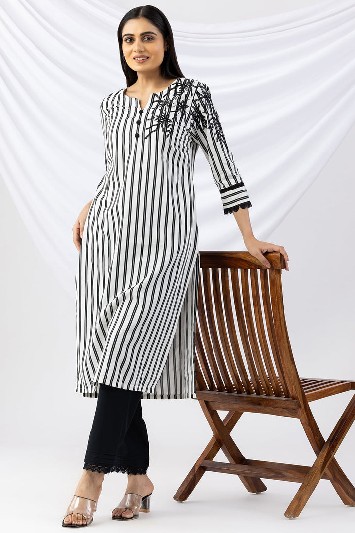 Black &amp; White Viscose Striped Kurti with Round Neck &amp; 3/4 Sleeves