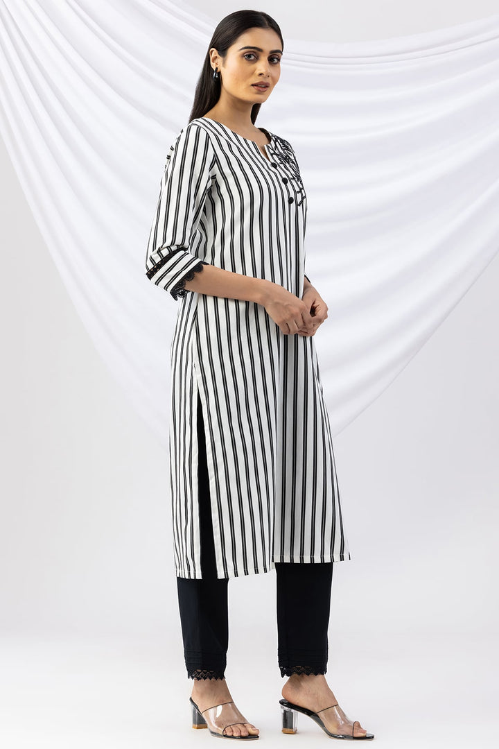 Black &amp; White Viscose Striped Kurti with Round Neck &amp; 3/4 Sleeves