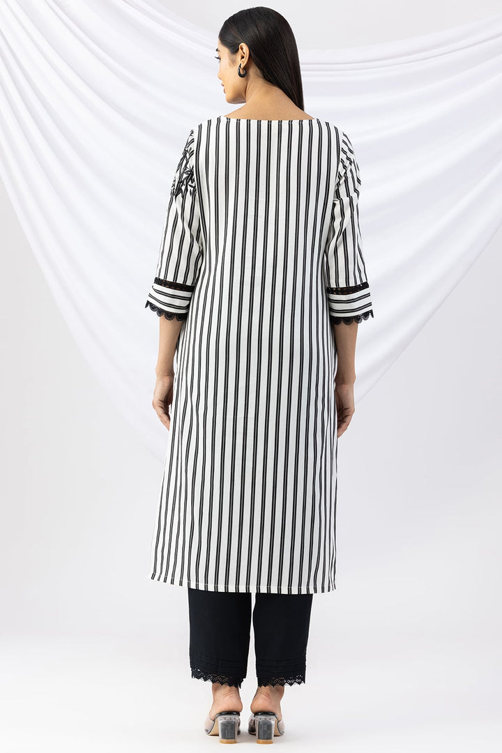 Black &amp; White Viscose Striped Kurti with Round Neck &amp; 3/4 Sleeves