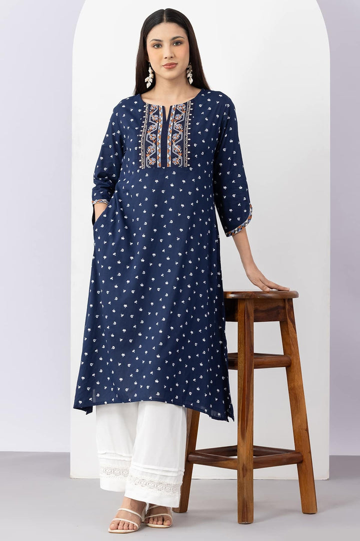Embroidered Navy Blue Colour Viscose Modal Kurti with Round Neck