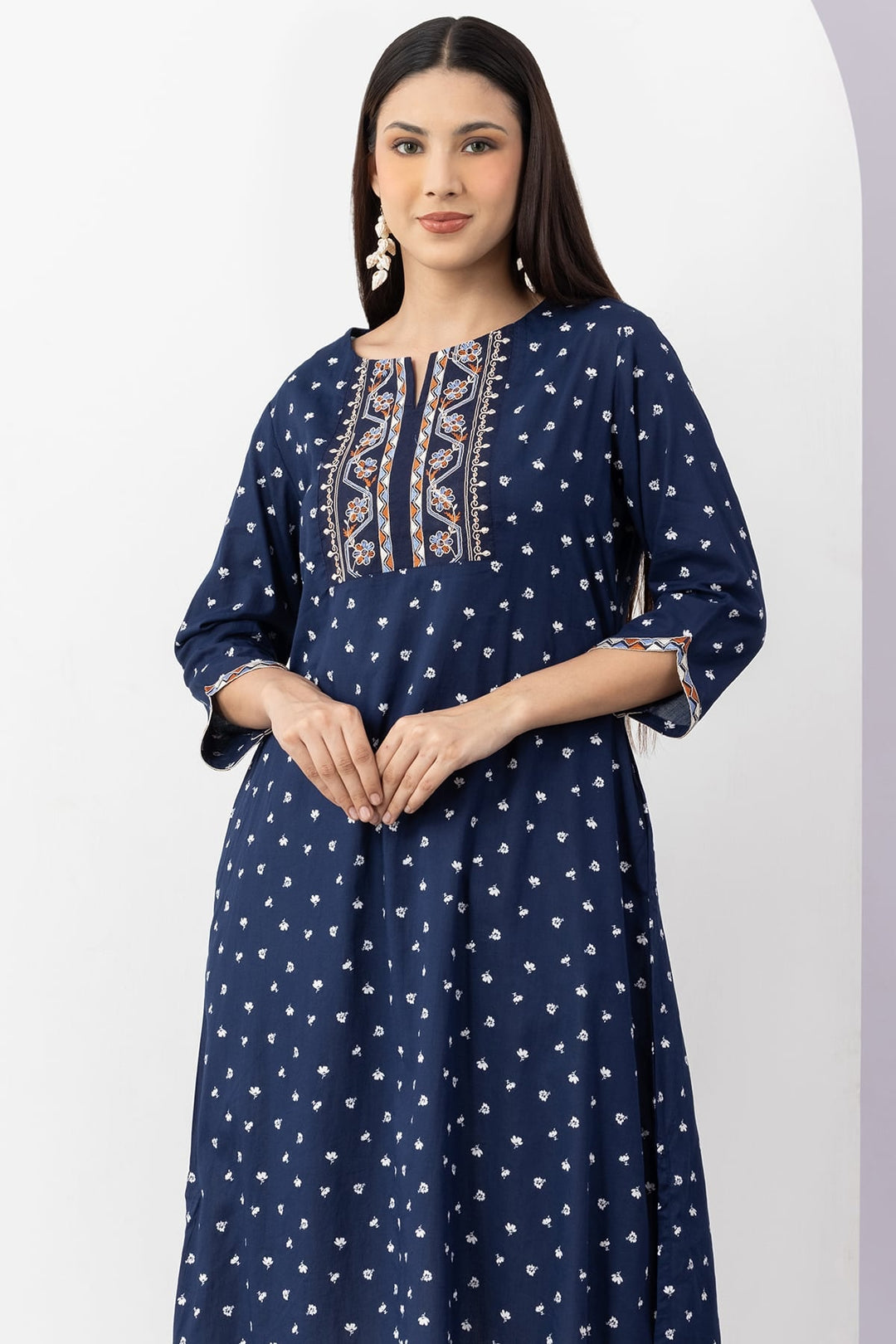 Embroidered Navy Blue Colour Viscose Modal Kurti with Round Neck
