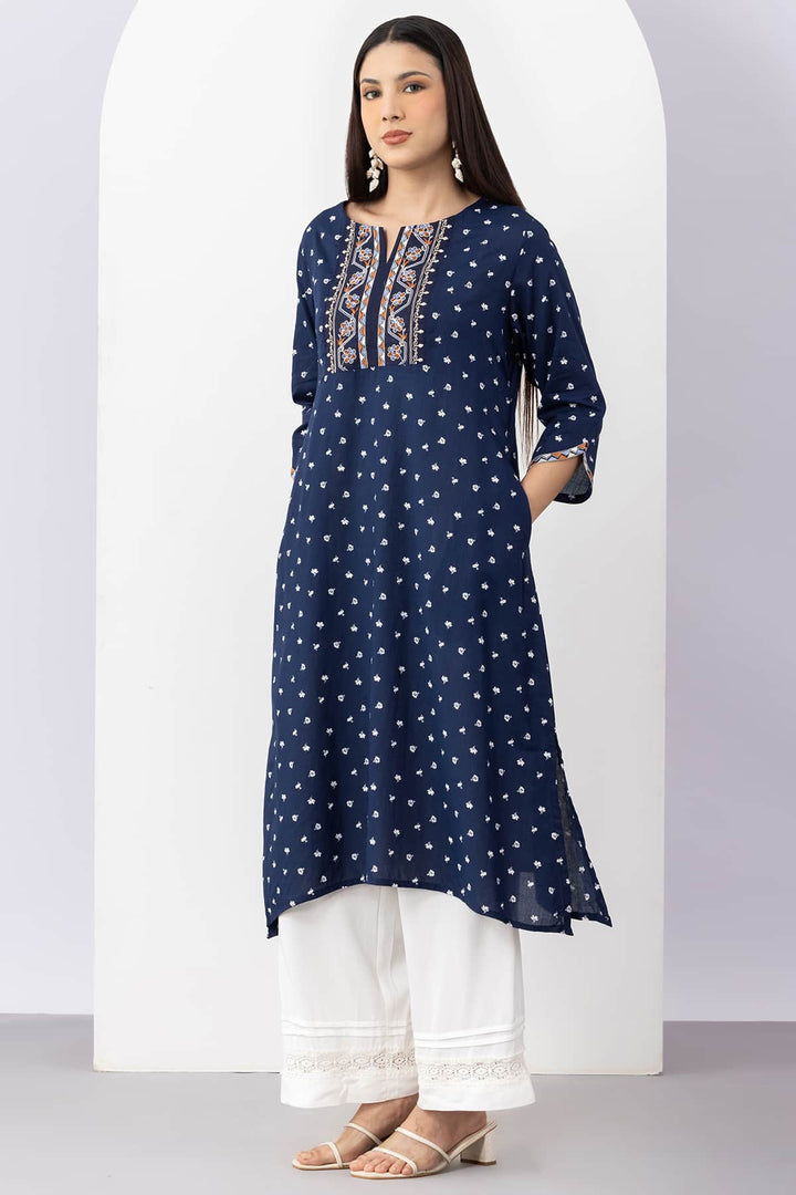 Embroidered Navy Blue Colour Viscose Modal Kurti with Round Neck