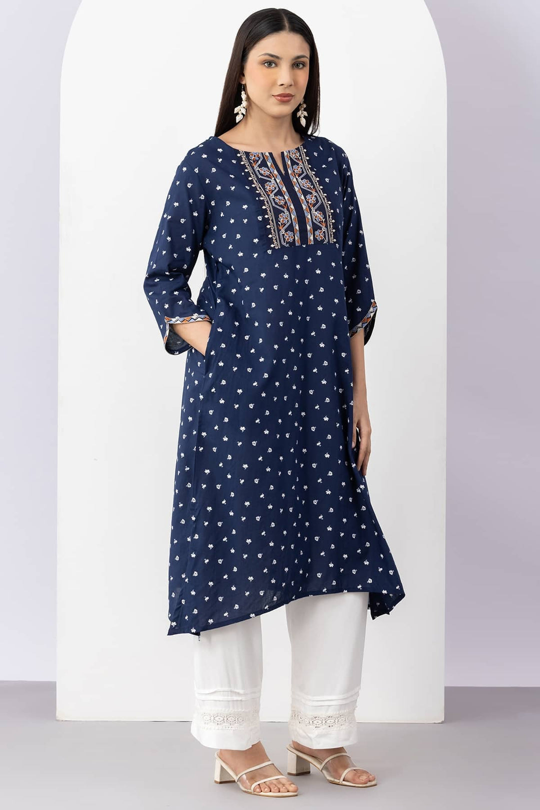 Embroidered Navy Blue Colour Viscose Modal Kurti with Round Neck