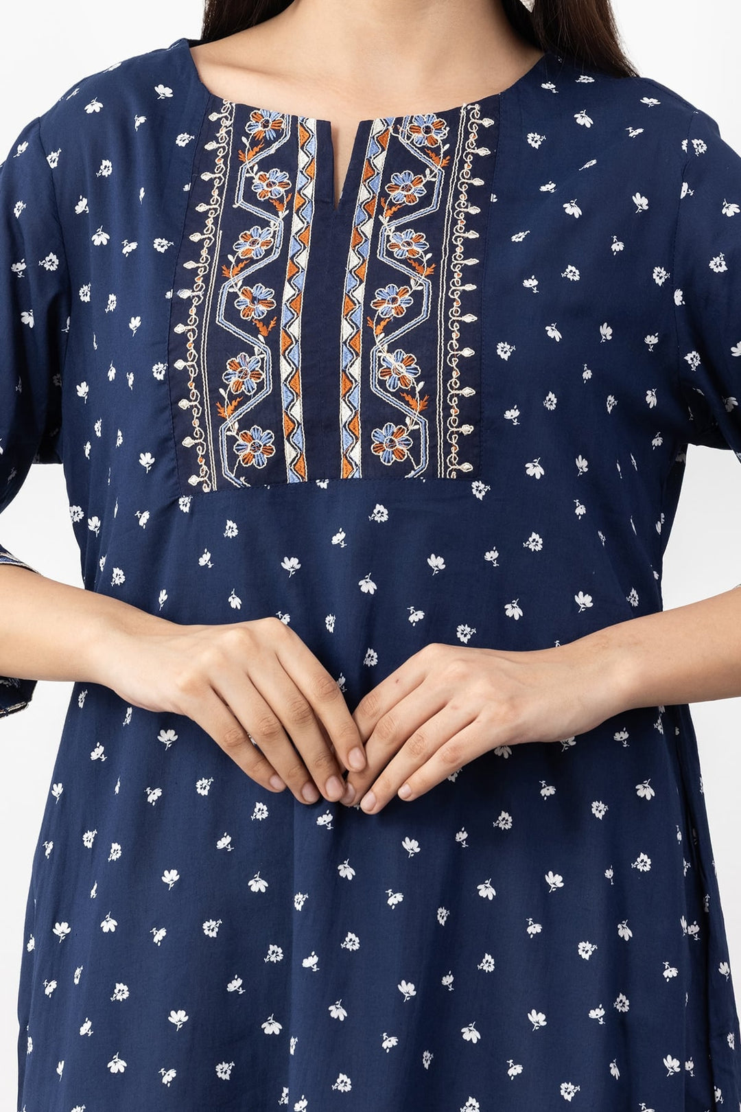 Embroidered Navy Blue Colour Viscose Modal Kurti with Round Neck