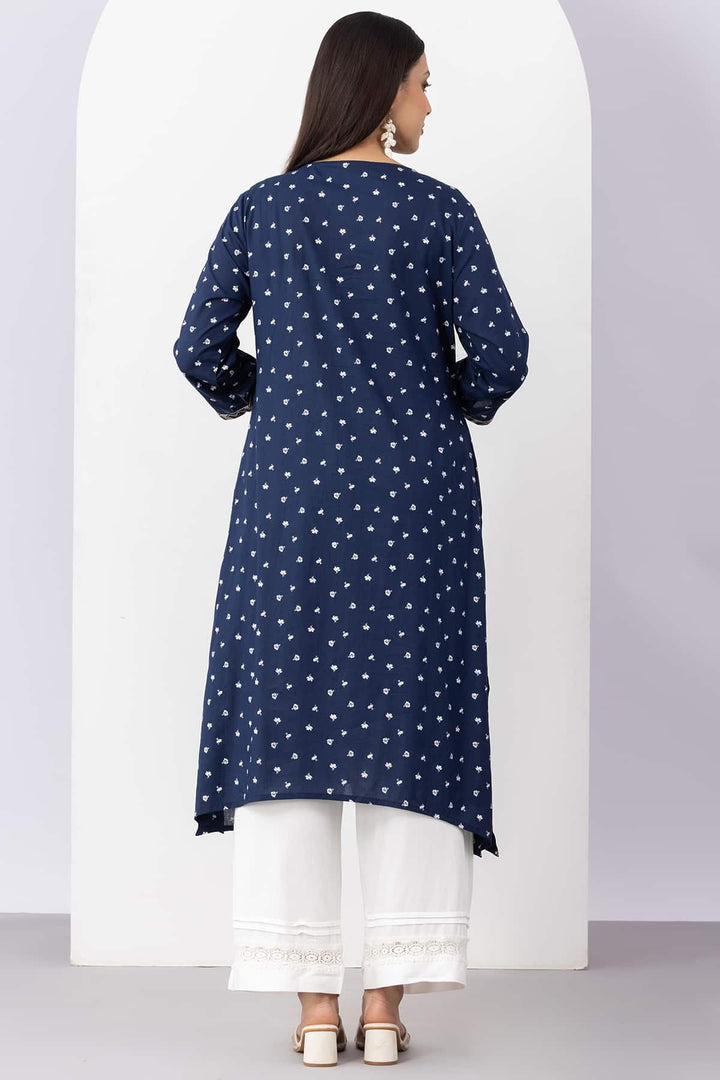 Embroidered Navy Blue Colour Viscose Modal Kurti with Round Neck