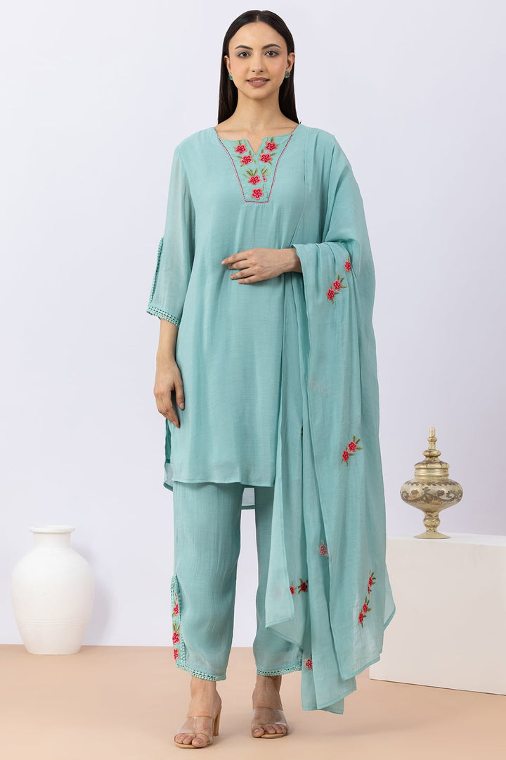 Embroidered Sea Green Chanderi Viscose Dupatta