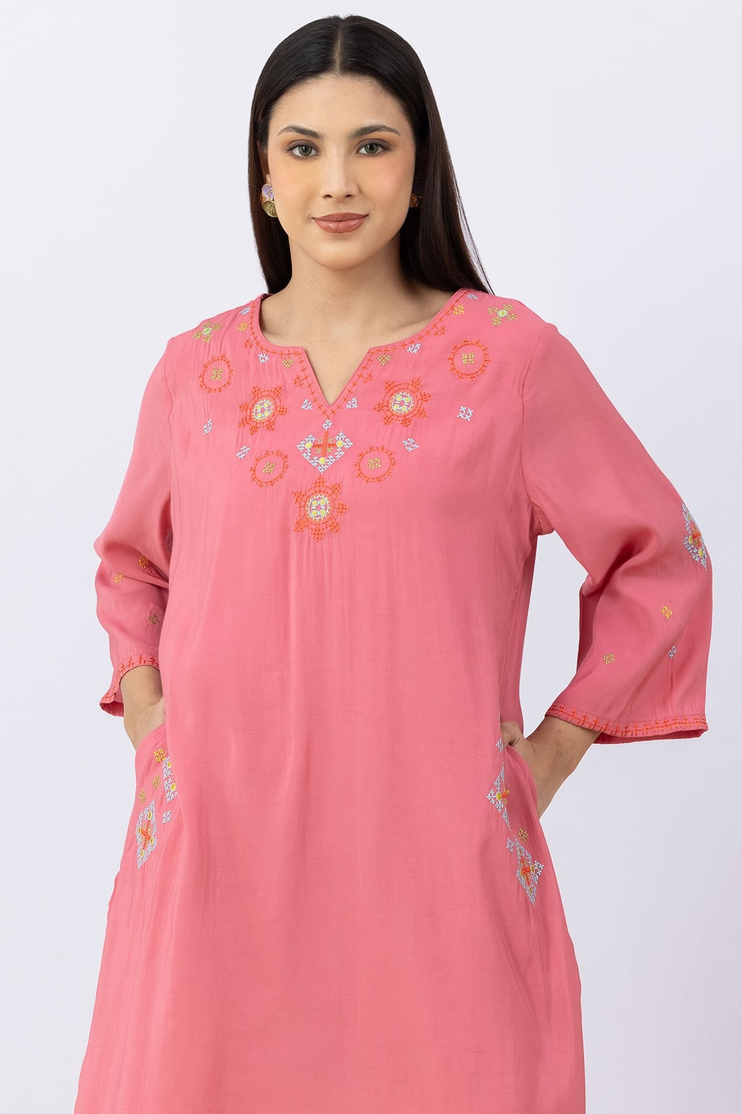 Pink Embroidered Kurta Set For Women