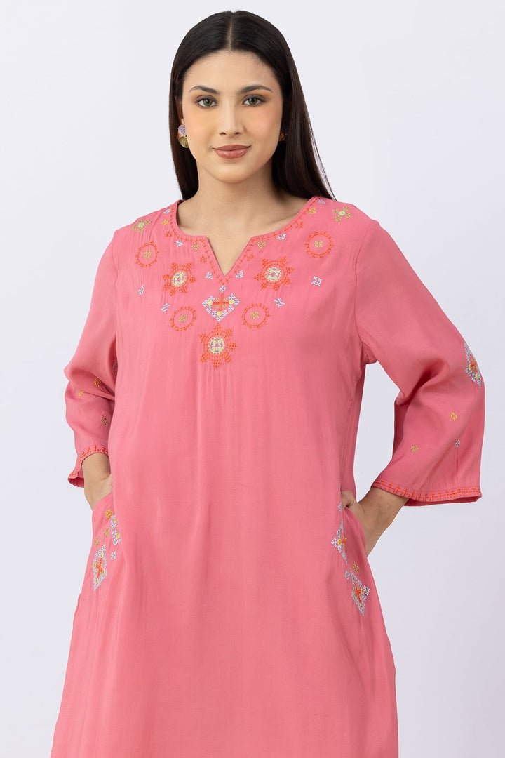 Pink Embroidered Kurta Set For Women