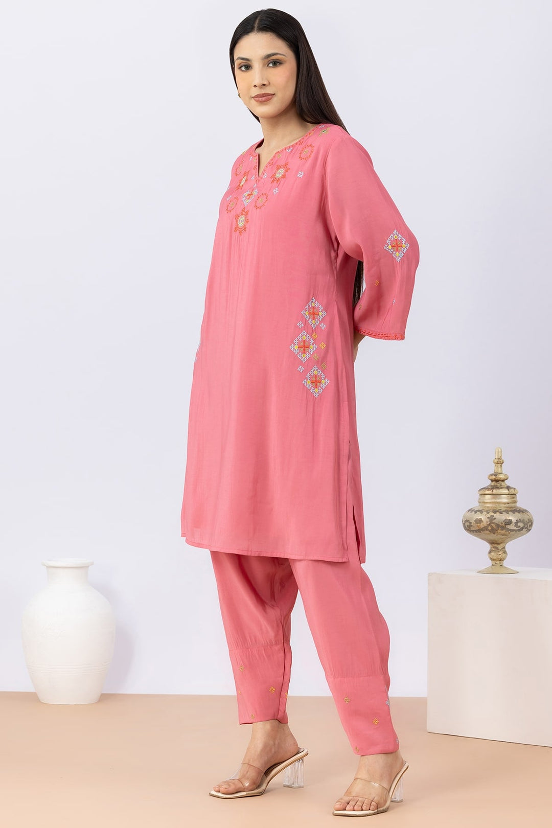 Pink Embroidered Kurta Set For Women