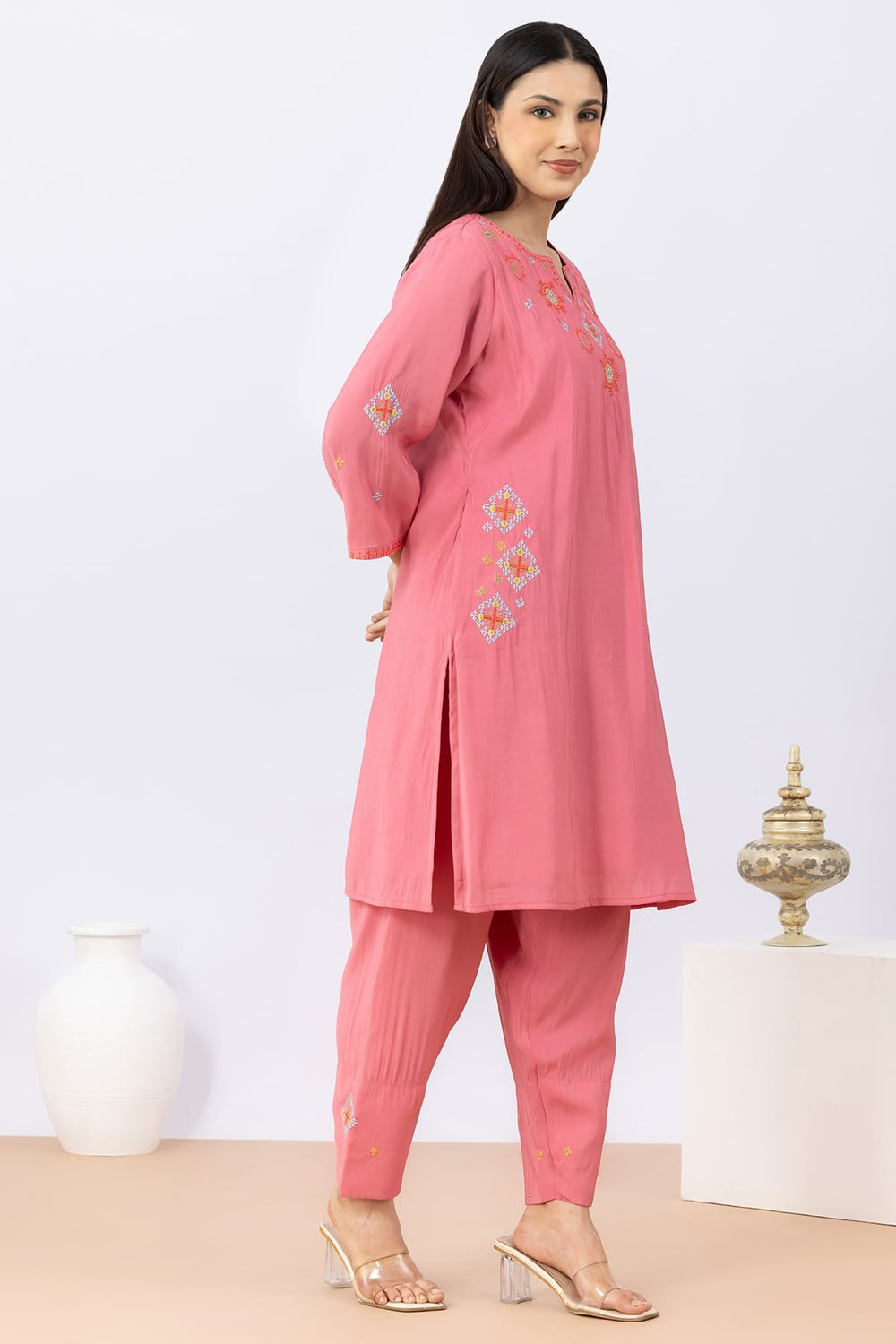 Pink Embroidered Kurta Set For Women