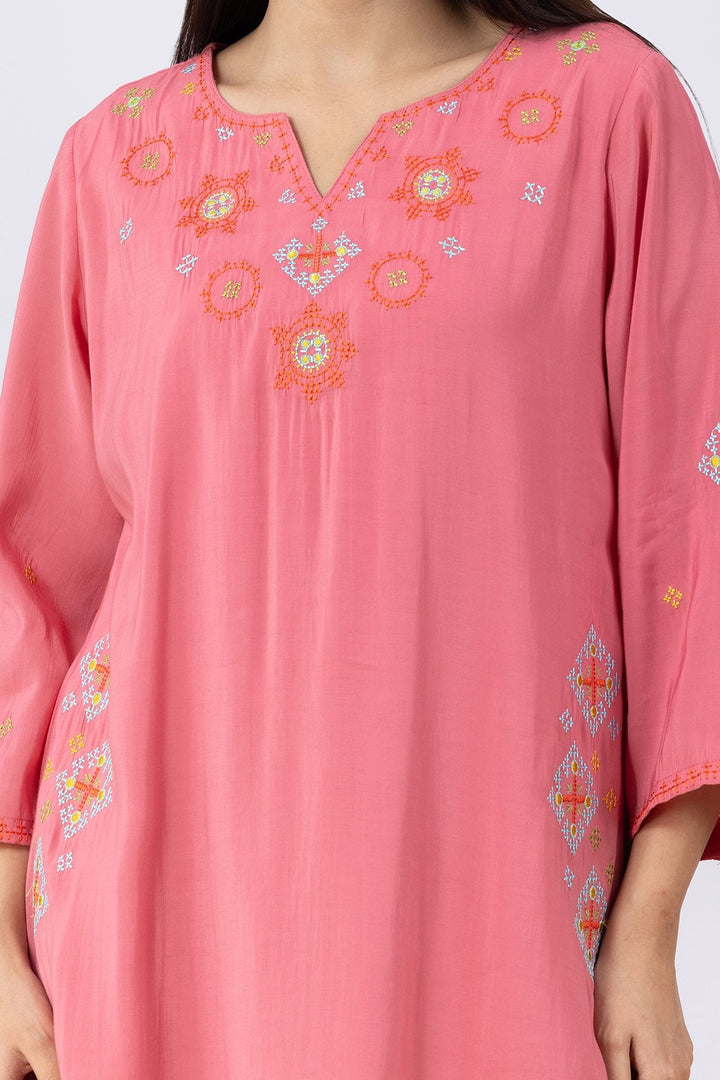 Pink Embroidered Kurta Set For Women