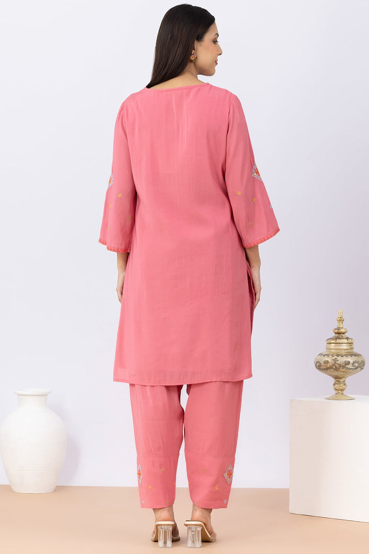Pink Embroidered Kurta Set For Women