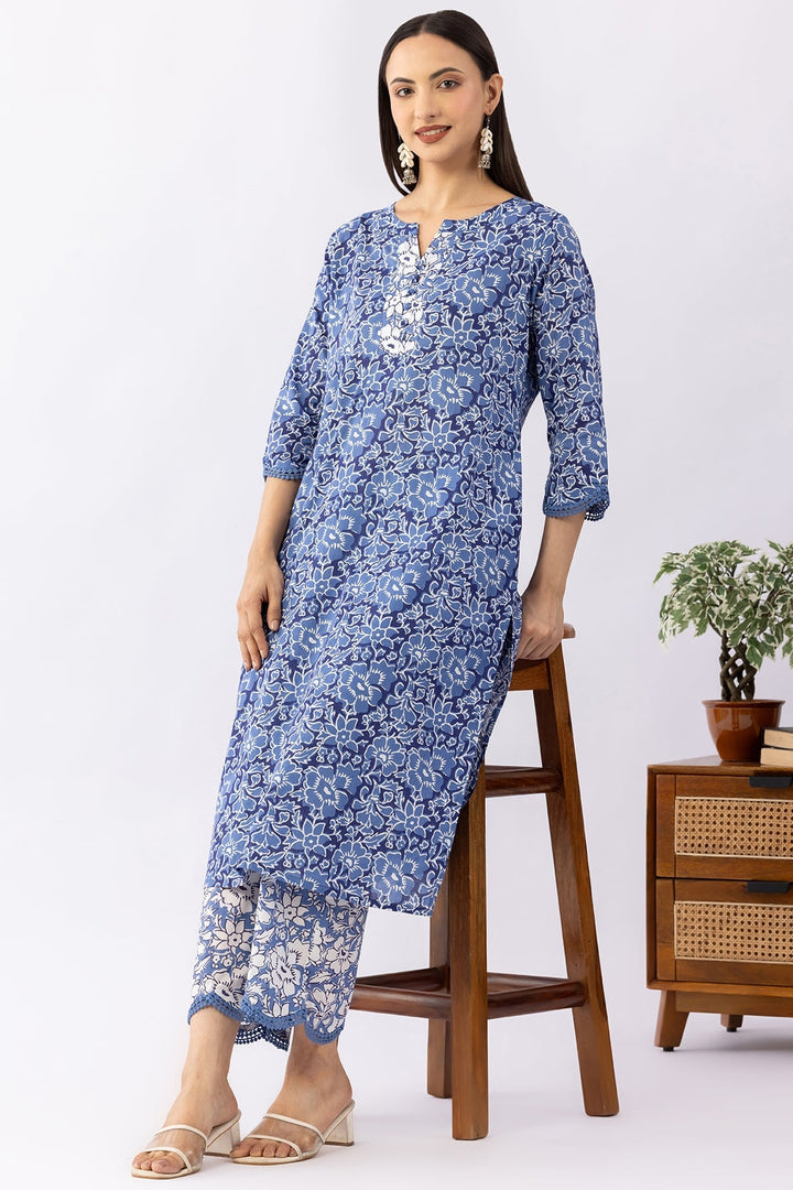 Printed Navy Blue Cotton Kurti with Round Neck