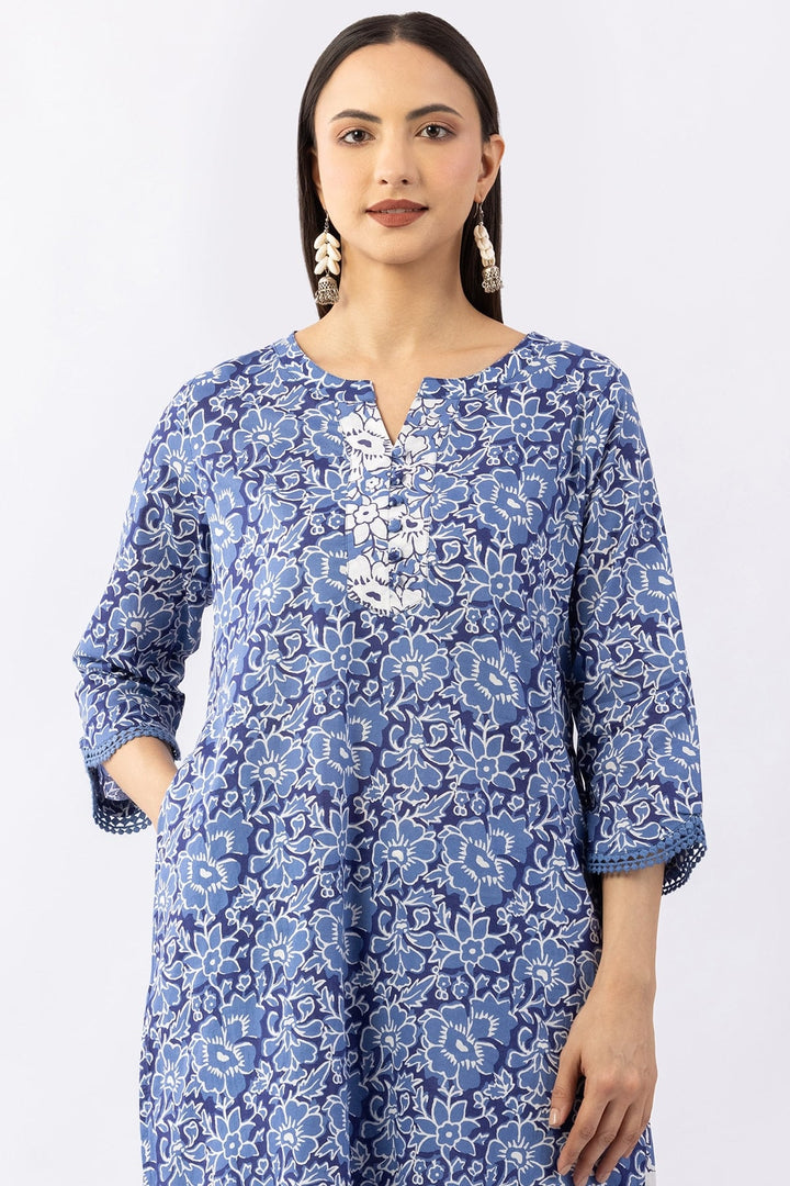Printed Navy Blue Cotton Kurti with Round Neck