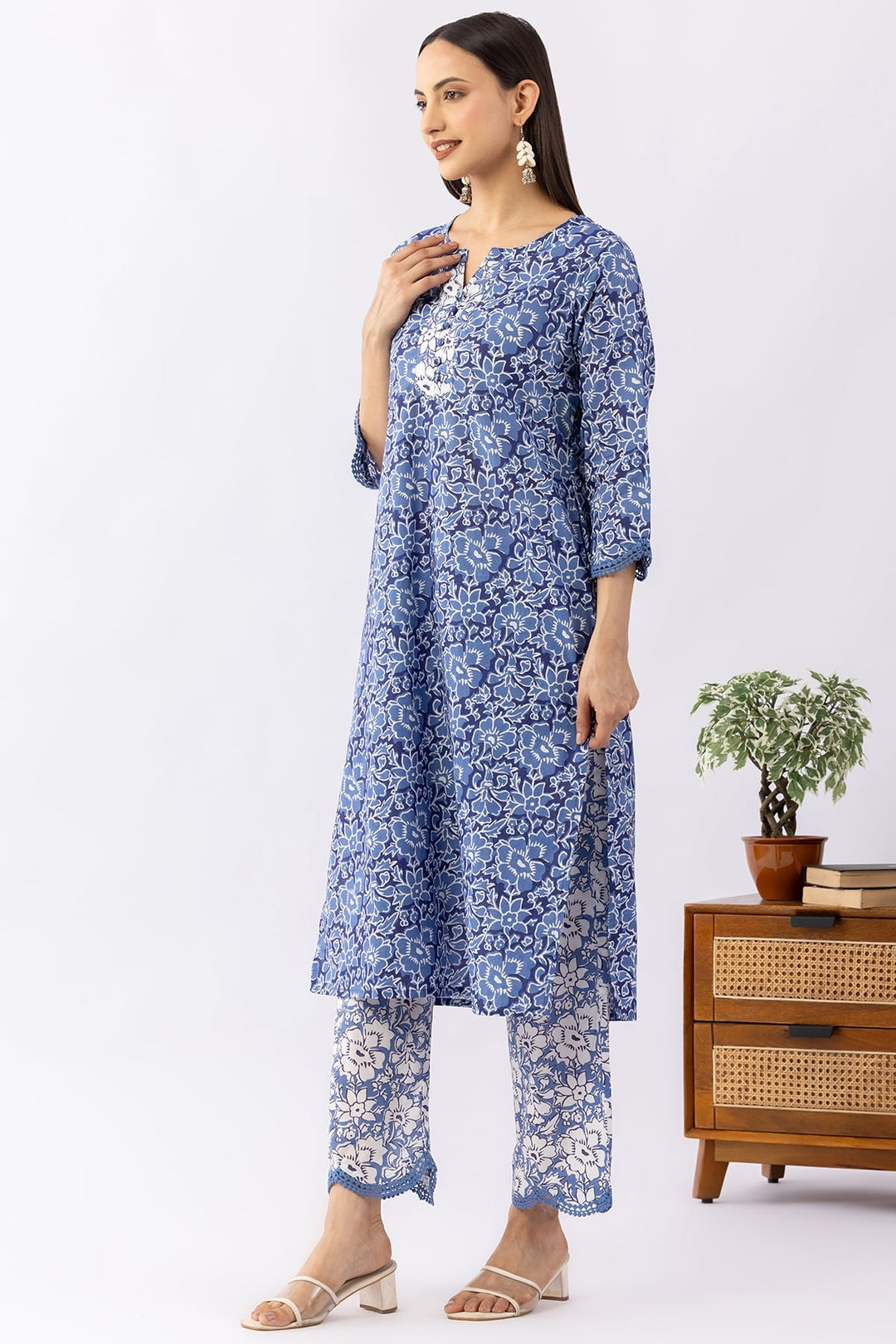 Printed Navy Blue Cotton Kurti with Round Neck