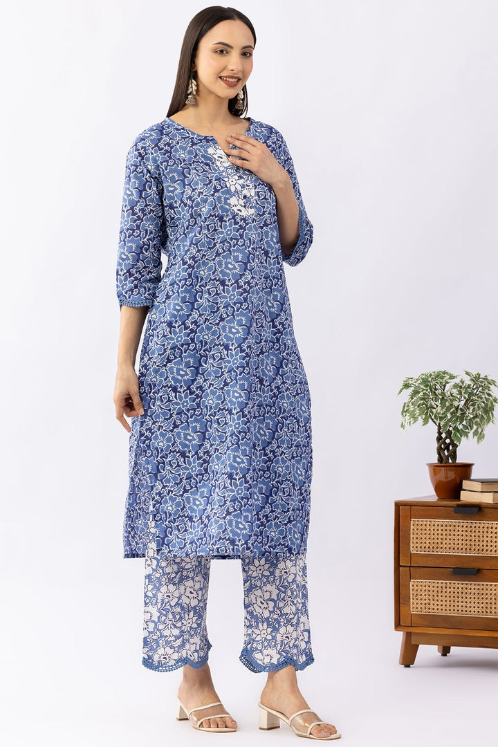 Printed Navy Blue Cotton Kurti with Round Neck