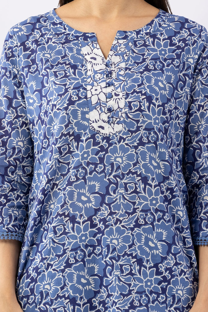 Printed Navy Blue Cotton Kurti with Round Neck