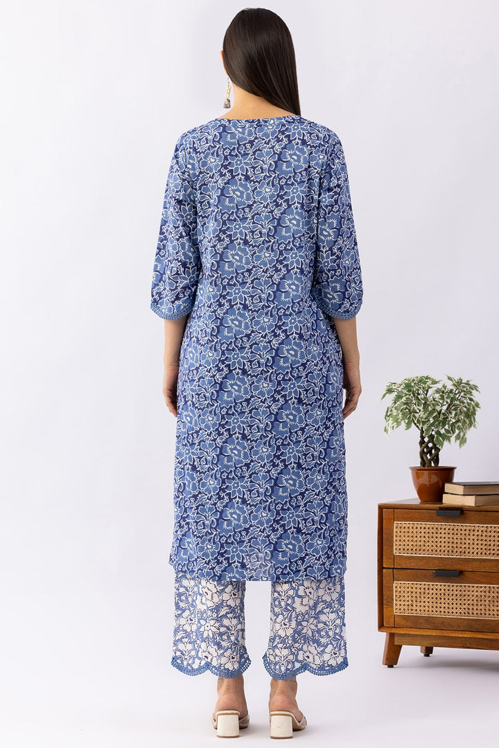 Printed Navy Blue Cotton Kurti with Round Neck
