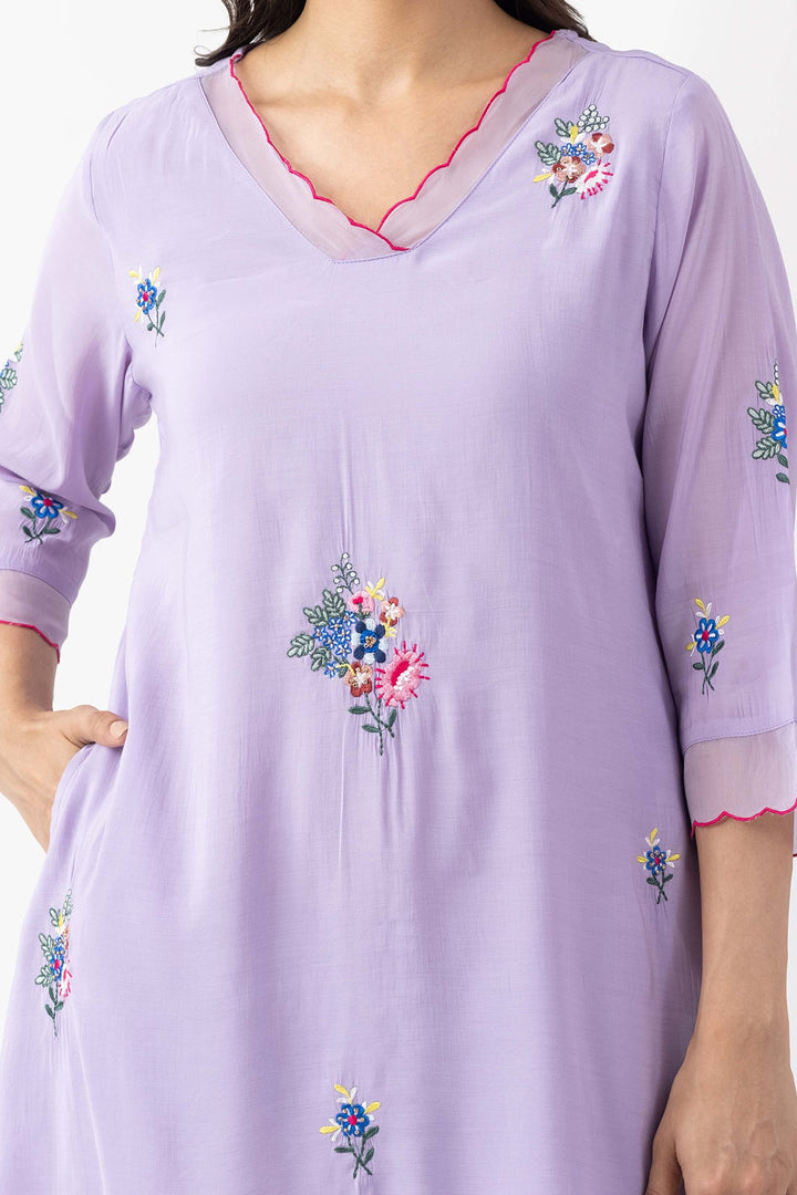 lavender kurta set for women embroidered chanderi viscose palazzo v neck