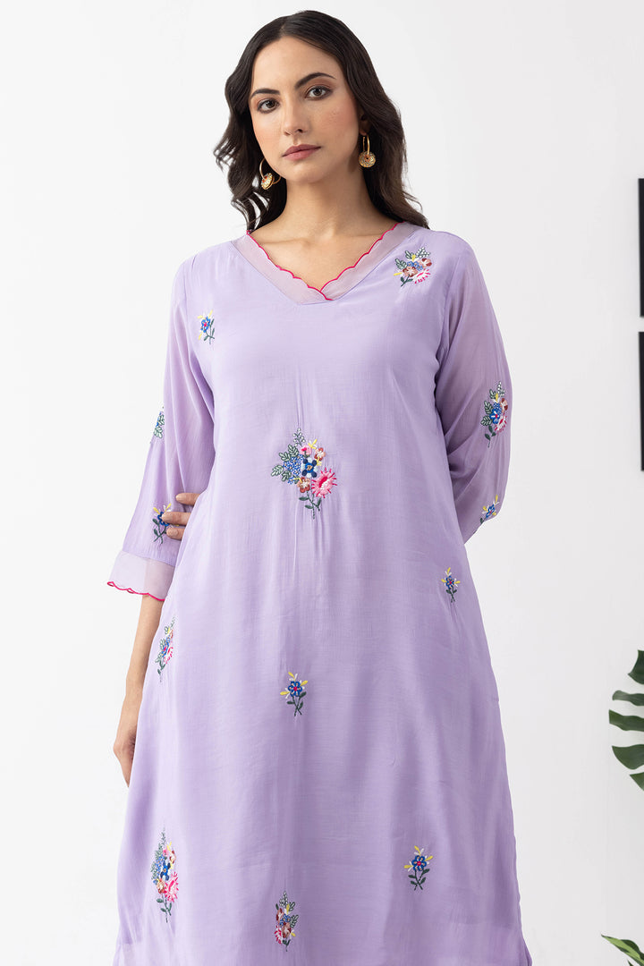 lavender kurta set for women embroidered chanderi viscose palazzo v neck