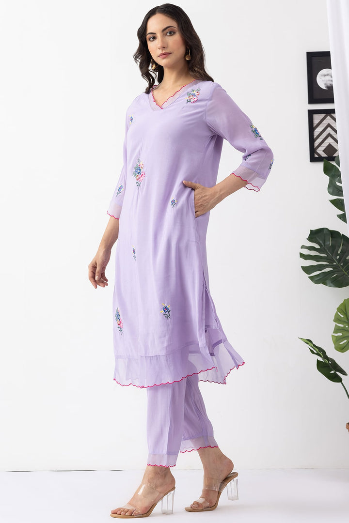 lavender kurta set for women embroidered chanderi viscose palazzo v neck