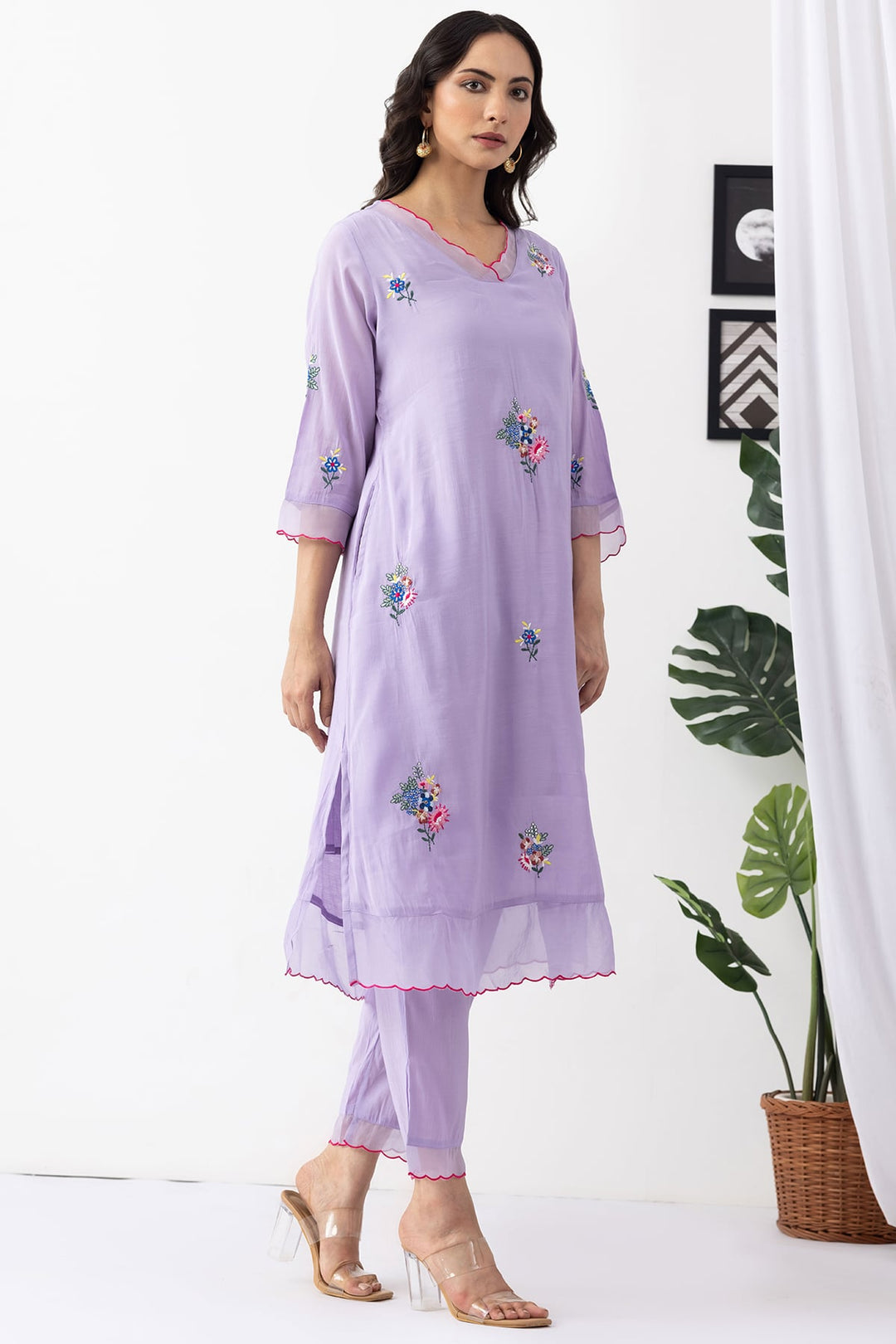 lavender kurta set for women embroidered chanderi viscose palazzo v neck