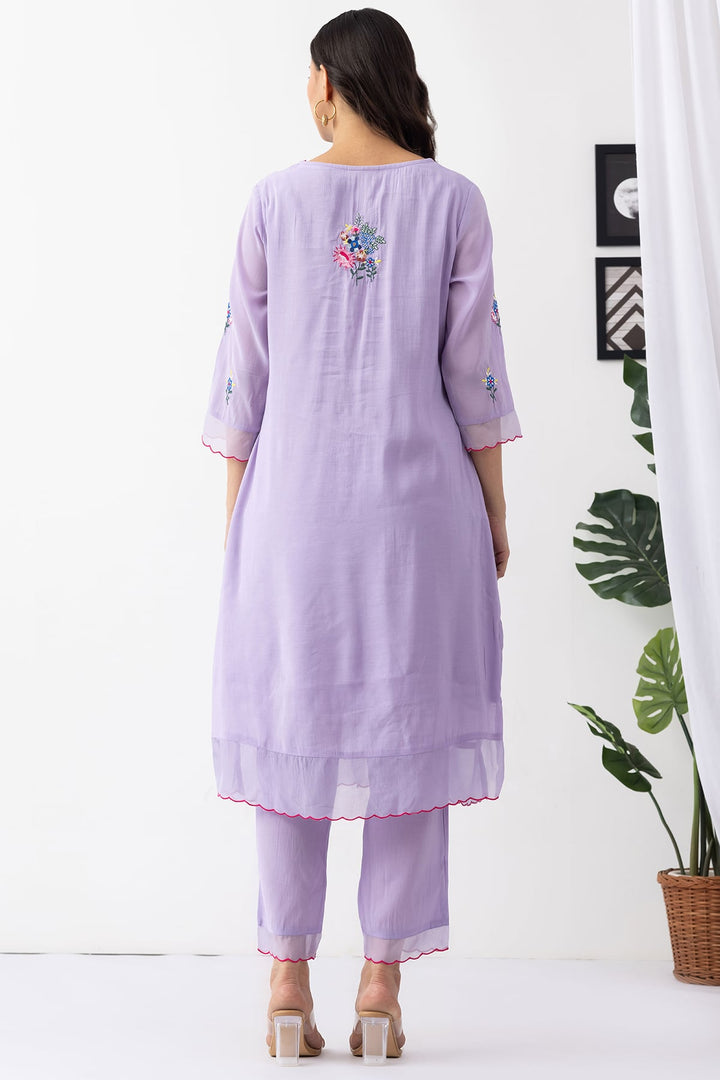 lavender kurta set for women embroidered chanderi viscose palazzo v neck