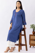 Blue Embroidered Viscose Dobby Kurti with V Neck