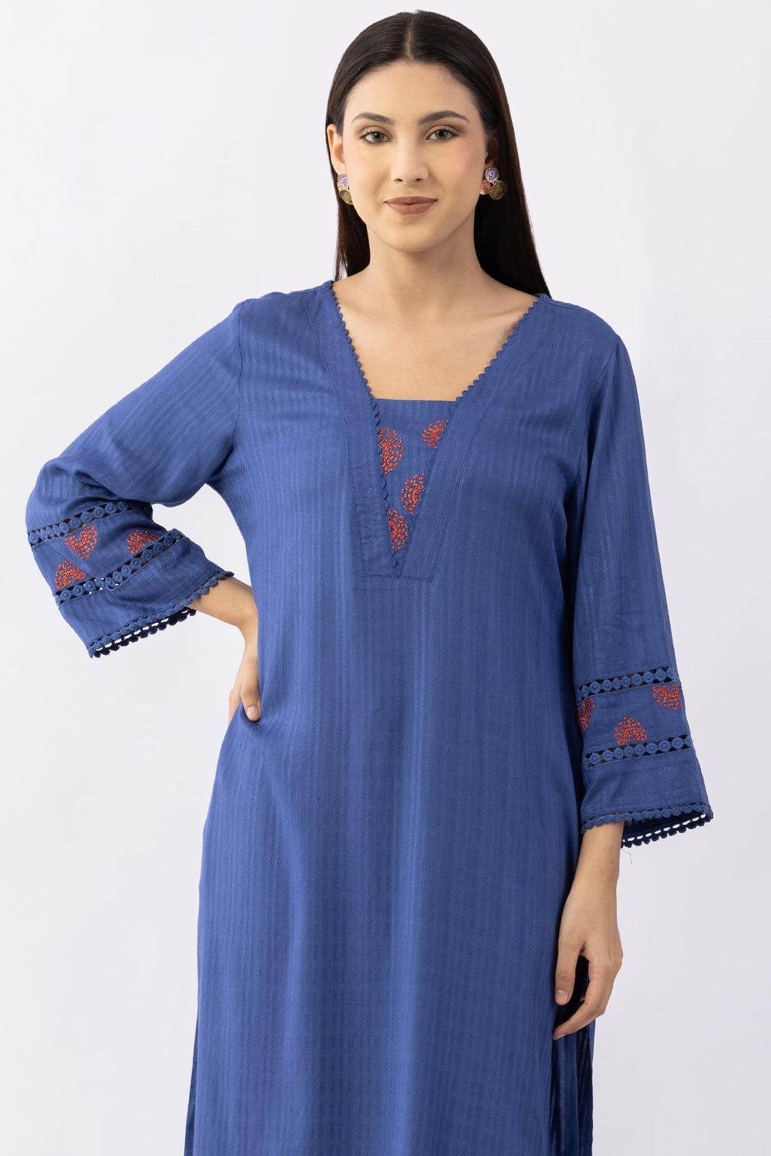Blue Embroidered Viscose Dobby Kurti with V Neck