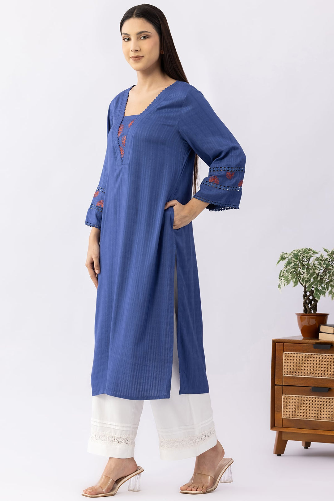 Blue Embroidered Viscose Dobby Kurti with V Neck
