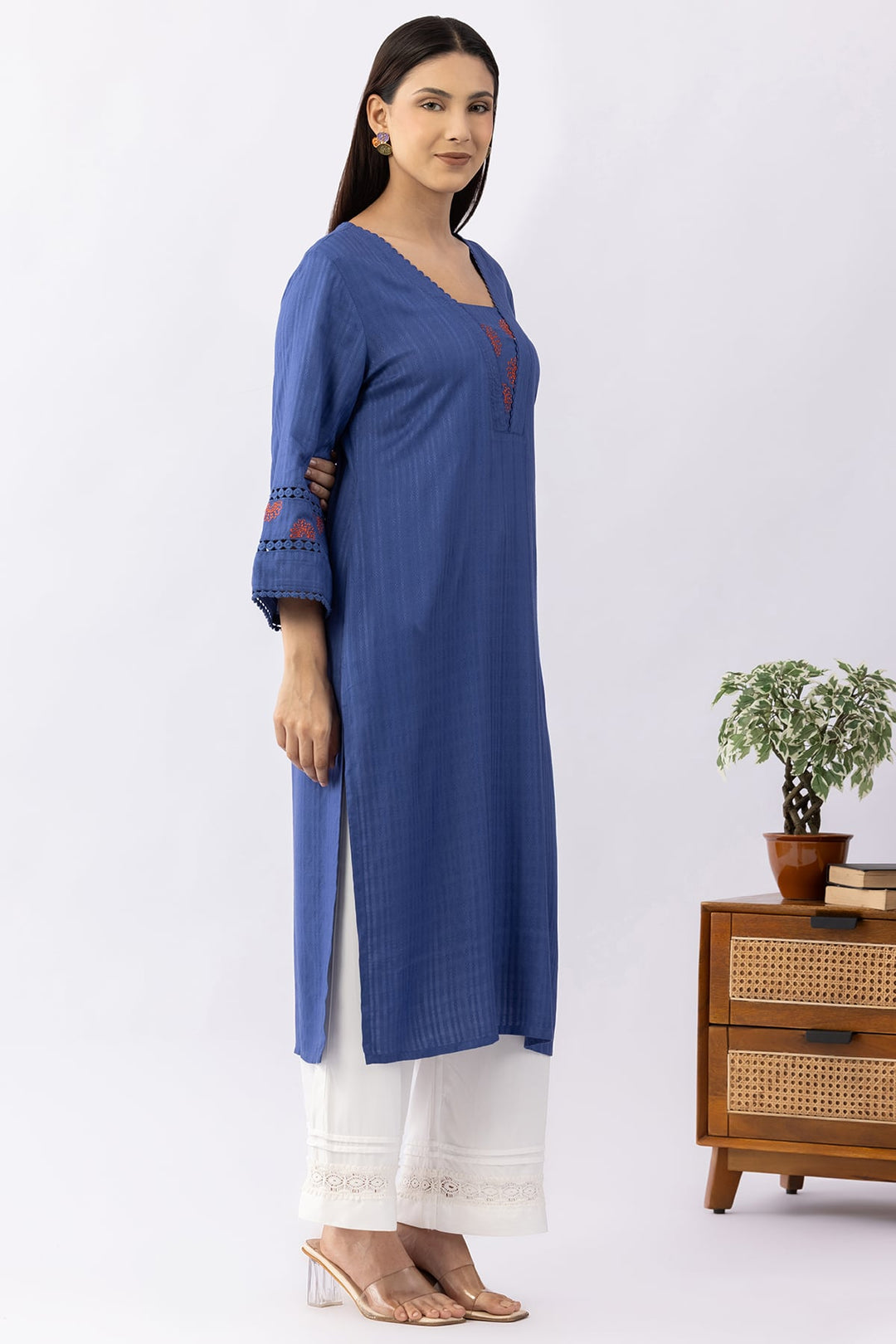 Blue Embroidered Viscose Dobby Kurti with V Neck