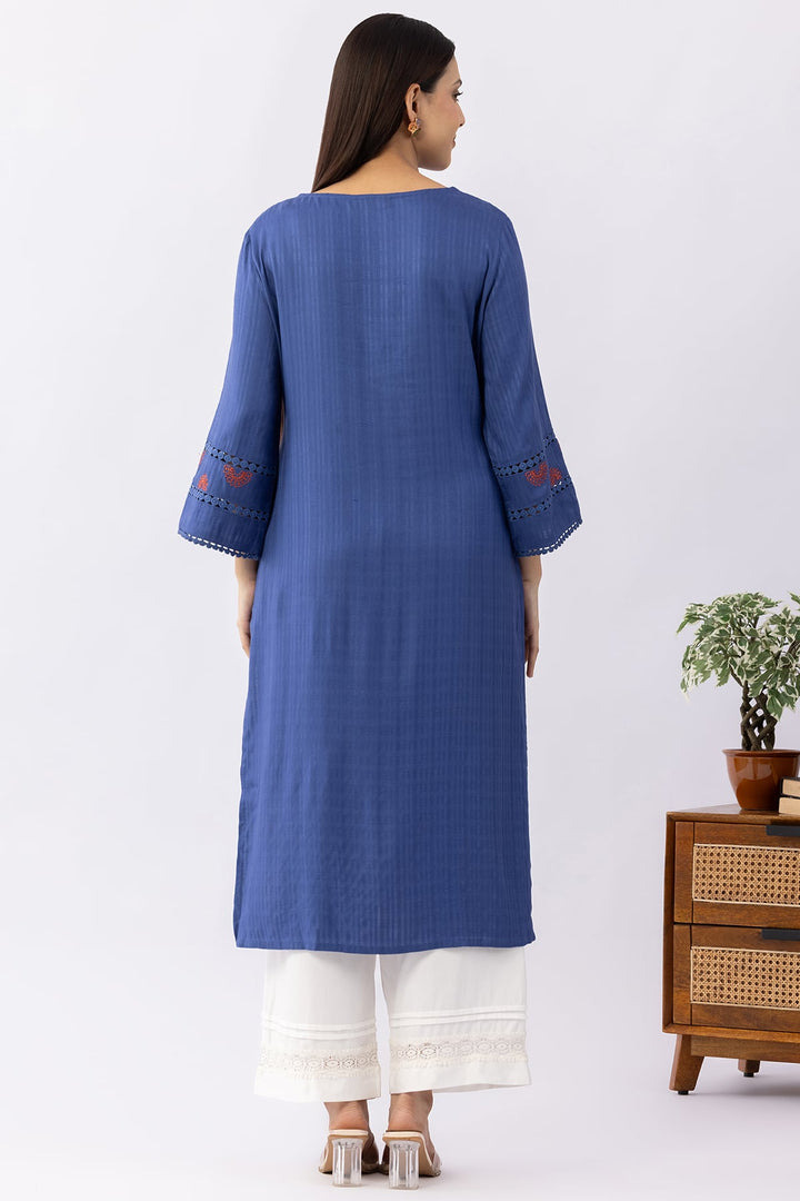 Blue Embroidered Viscose Dobby Kurti with V Neck