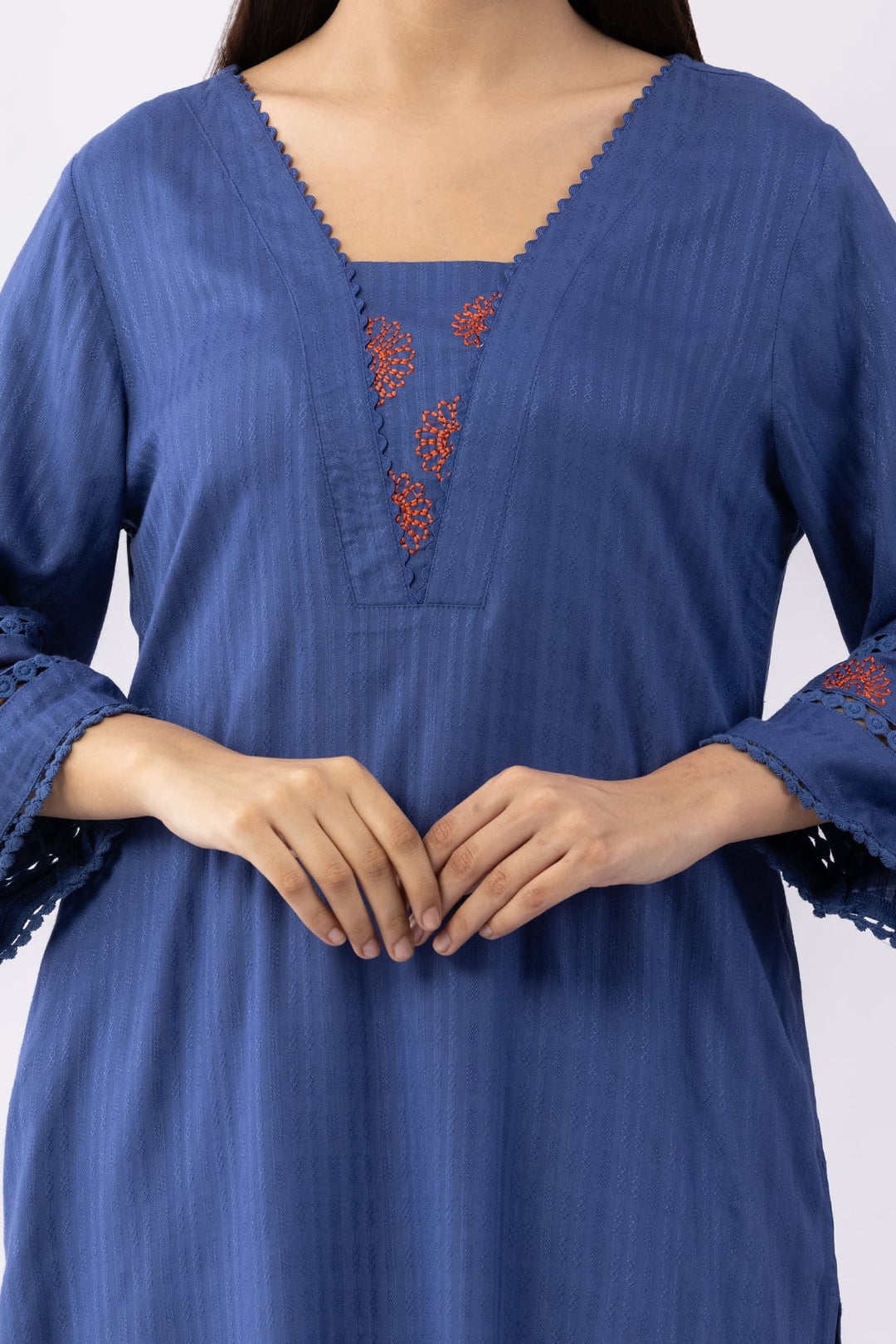 Blue Embroidered Viscose Dobby Kurti with V Neck