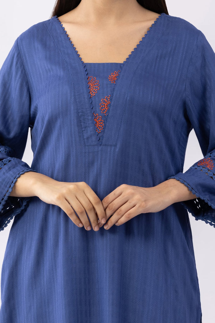 Blue Embroidered Viscose Dobby Kurti with V Neck